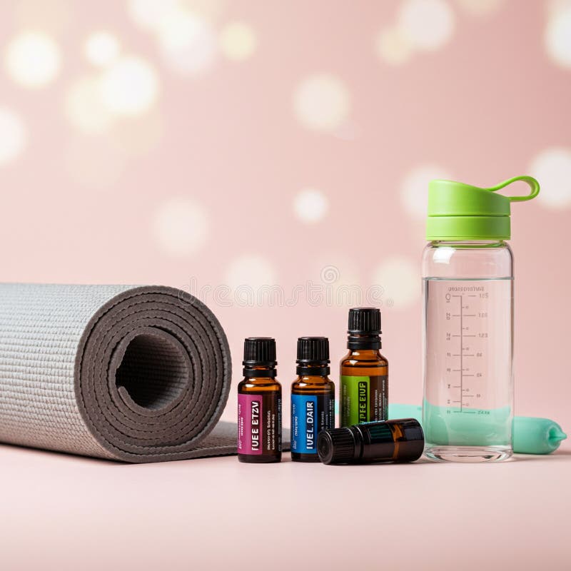 Graue Yogamattel in der Nähe von vier kleinen gelben ätherischen Ölflaschen mit lizenzfreie abbildung