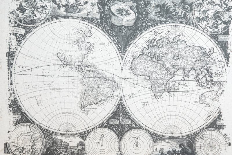 Graues Muster auf der Wand in Form von zwei Kugeln mit einer Karte der Welt und einer Karte von Himmelskörpern und von Konstellat