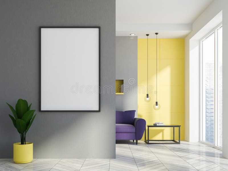 Graues Und Gelbes Wohnzimmer, Purpurrotes Sofa, Plakat Stock Abbildung