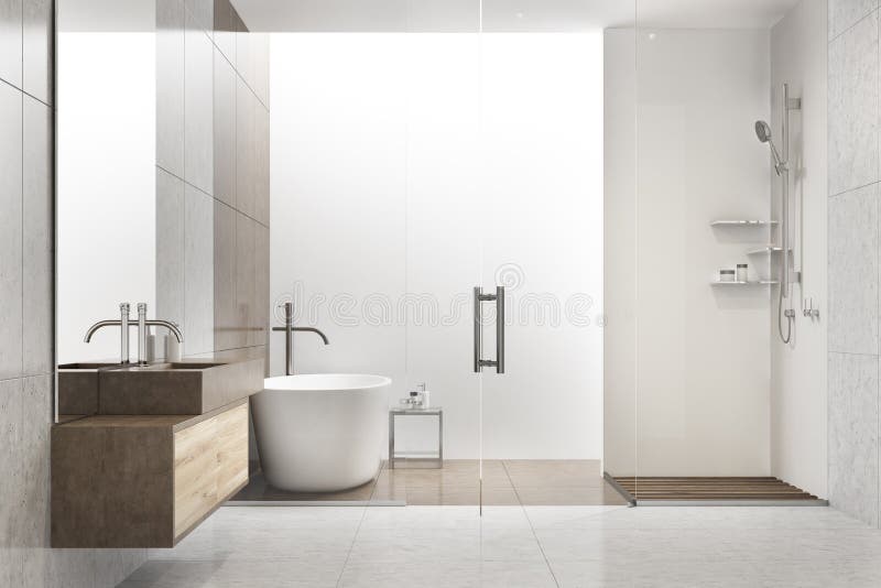 Weißes Badezimmer, Fliesen Und Runde Wanne Getont Stock Abbildung