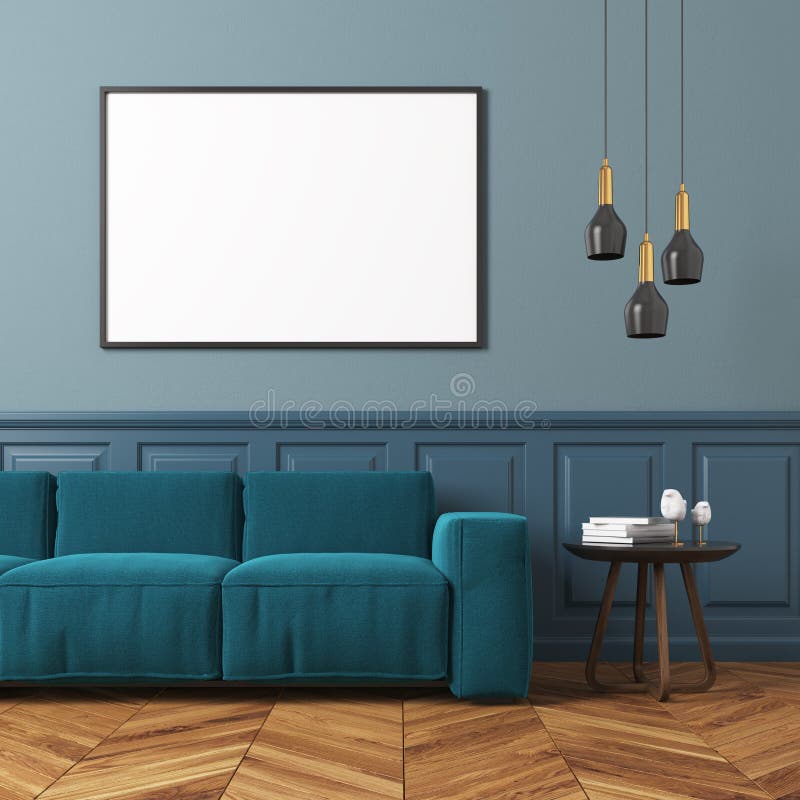 Graues Wohnzimmer, Blaues Sofa Stock Abbildung - Illustration von