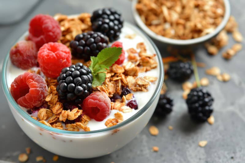 Grautisch mit hausgemachter Granolschüssel. Jogurt Heidelbeeren Himbeeren Erdbeeren. knusprige Granolobst vektor abbildung