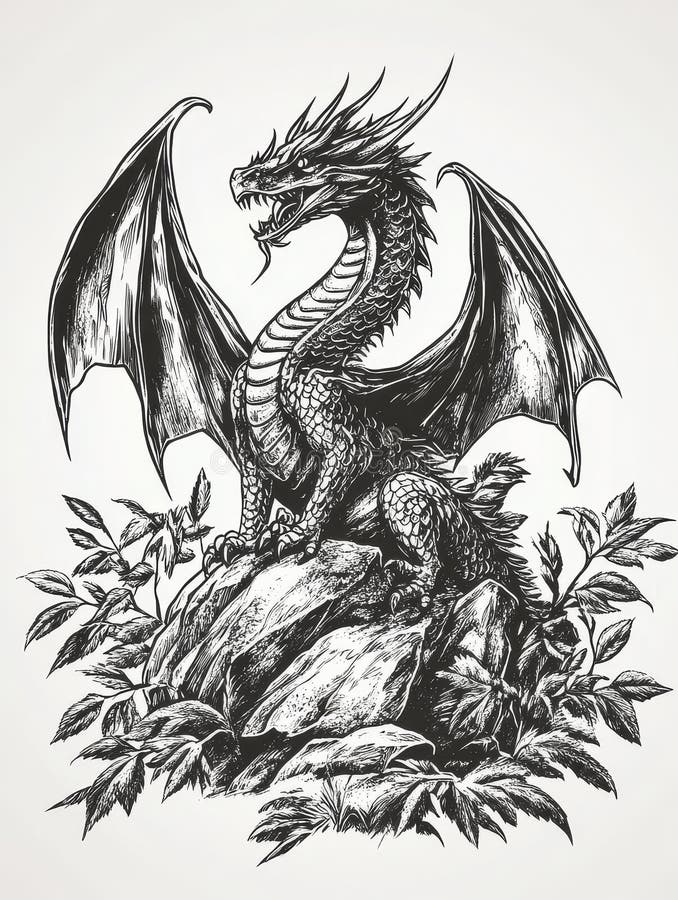 Gravdrake med gravån, väktare av den stora draken i berget som genomkortades på en berggrund mitt i ett löv som symboliserar makt vektor illustrationer