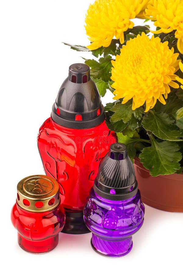 Grave Candle Lantern with Flowers Isolated on White Stock Image Image