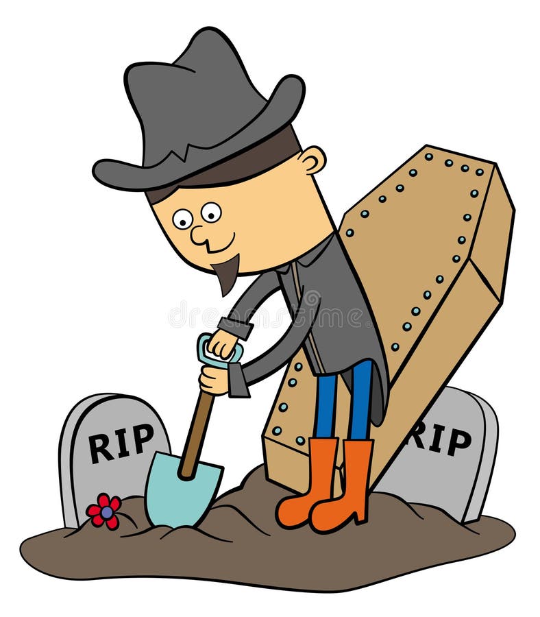 Illustration of a cartoon grave digger with a shovel digging at a graveyard