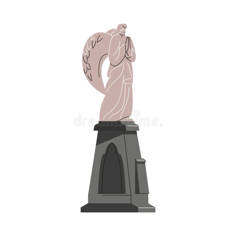 Grave monument with praying angel with folded hands. Tombstone with religious marble figure. Symbol of grief and sorrow. Isolated hand drawn vector illustration. Grave monument with praying angel with folded hands. Tombstone with religious marble figure. Symbol of grief and sorrow. Isolated hand drawn vector illustration.