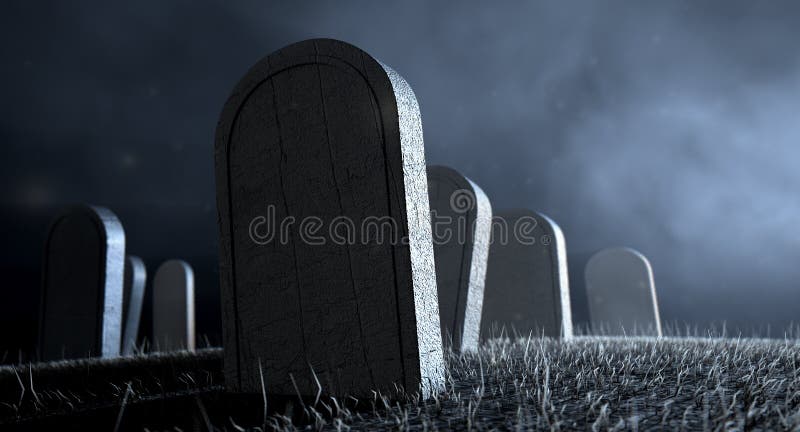 Graveyard Tombstones At Night