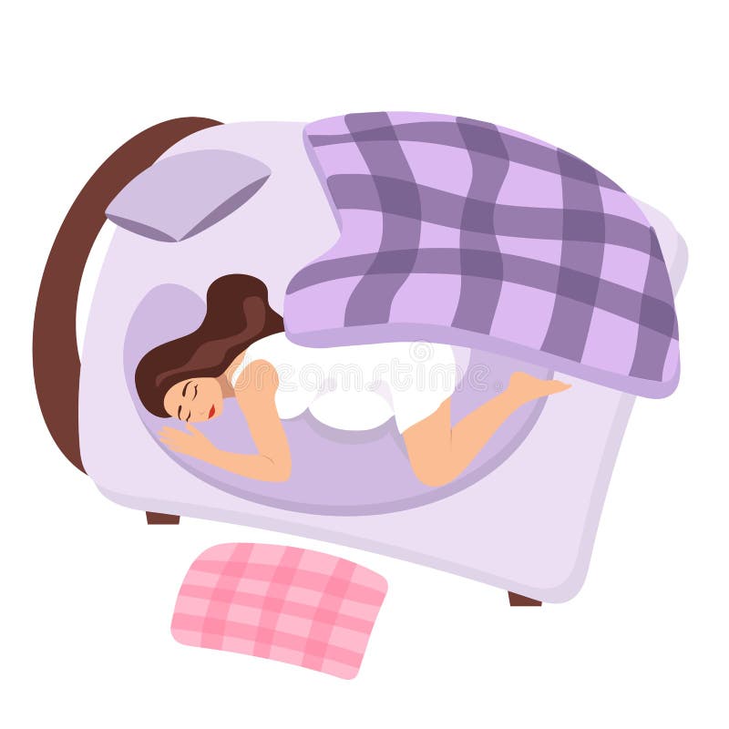 Gravid kvinna som sover i säng som kramar en kudde Gravid flicka för morgon ovanf? r sikt Under en purpurfärgad filt vektor illustrationer
