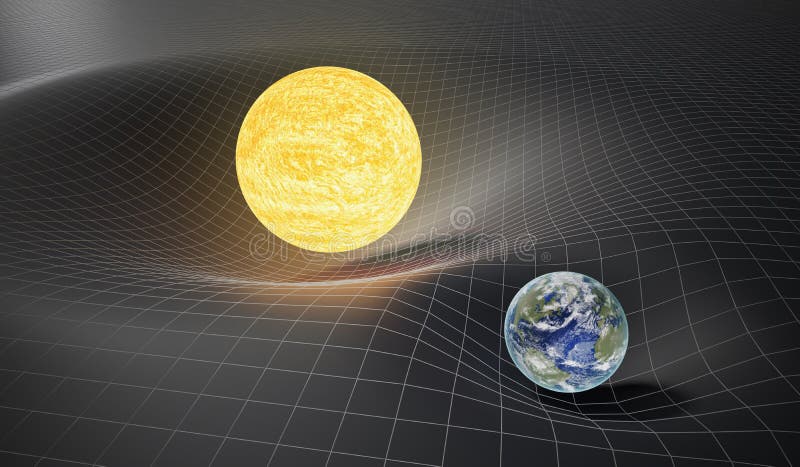 Gravitation och allmän teori av relativitetbegreppet Jord och sol på förvriden spacetime framförd illustration 3d