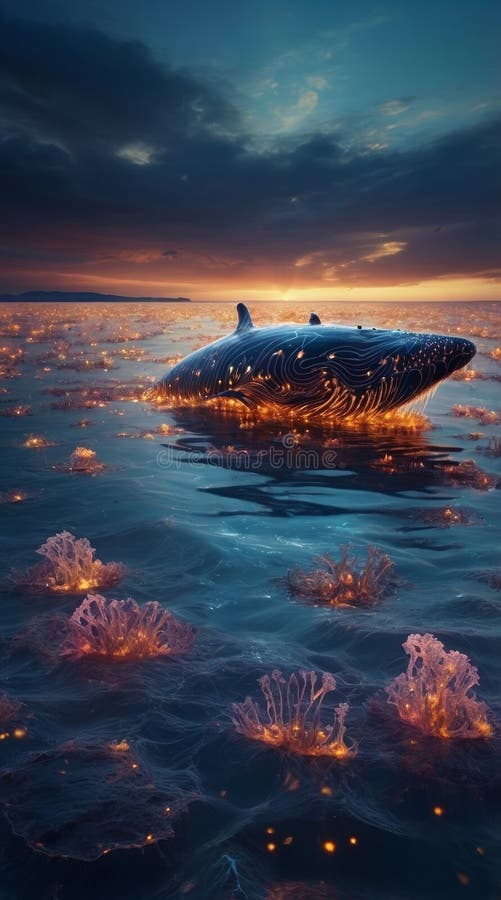 Surreal Underwater City with Coral Towers, Neon Jellyfish, and Inverted Gravity stock images