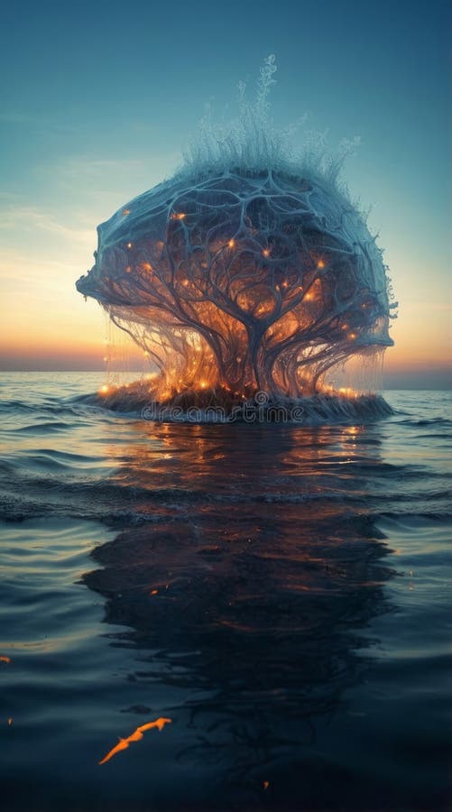 Surreal Underwater City with Coral Towers, Neon Jellyfish, and Inverted Gravity stock images