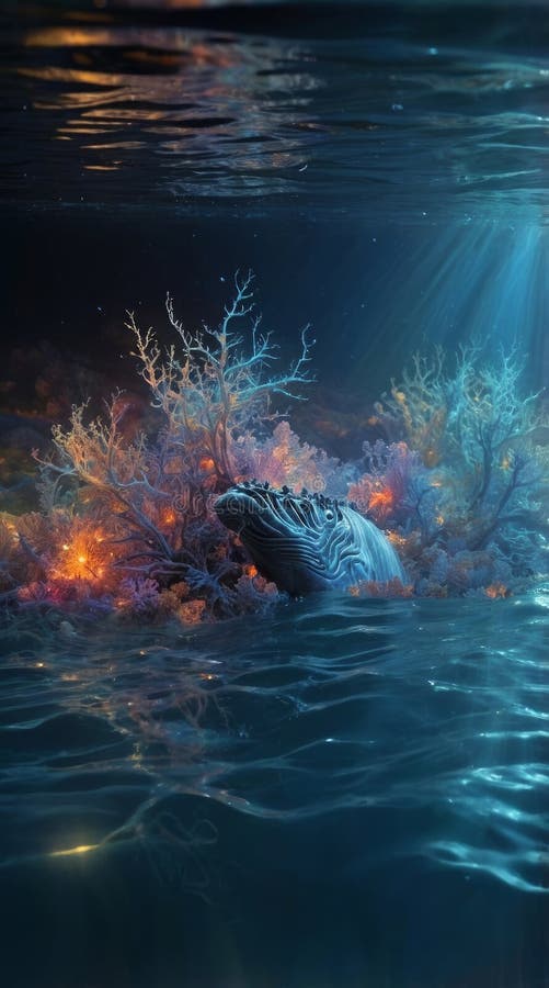 Surreal Underwater City with Coral Towers, Neon Jellyfish, and Inverted Gravity stock image