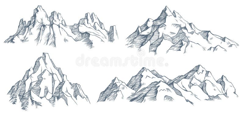 Gravure maximale de montagnes Croquis grav? par cru de vall? e avec le paysage de montagne et les vieux arbres forestiers Vecteur illustration de vecteur