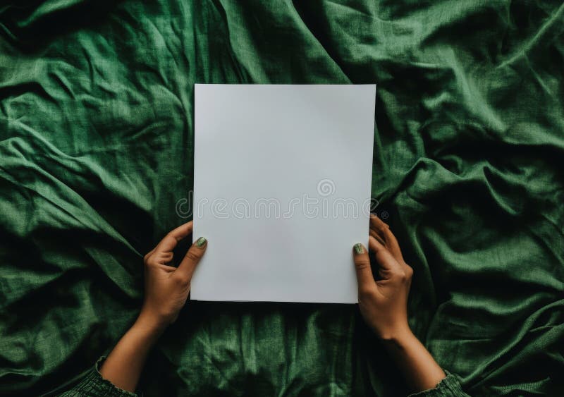 On a gray background, a hand holds a blank a4-size paper. royalty free stock photography
