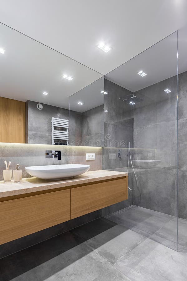 Gray bathroom with long countertop royalty free stock photo Gray bathroom with long countertop royalty free stock photo