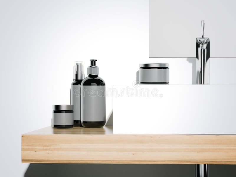 Gray Beauty Cosmetic Plastic Containers in Bathroom. 3d Rendering Stock