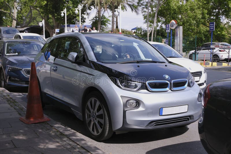 Istanbul, Turkey - June 3, 2023: A gray and black colored Bmw i3 in a street in Istanbul, Fenerbahce District