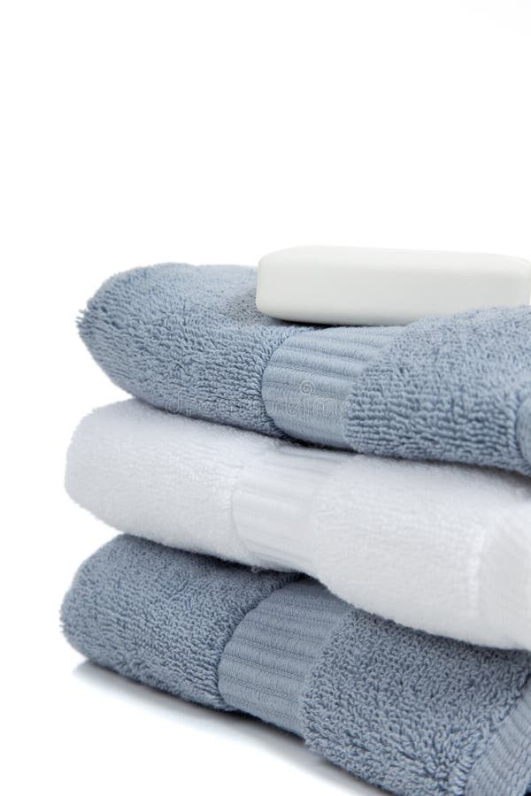 Gray Blue and White Towels with a Bar of Soap Stock Photo Image of