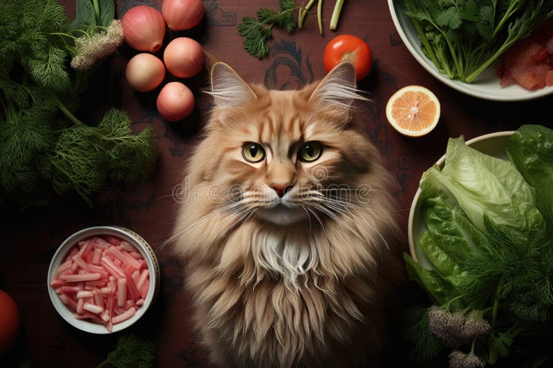 O pisică gri pe fondul unei varietăți de alimente royalty free illustration