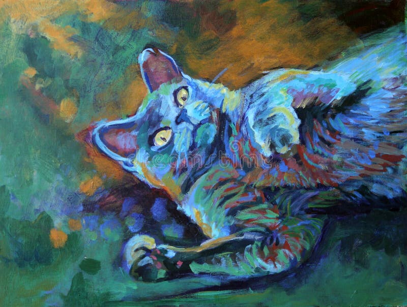 Acrylic painting of a gray cat laying on the grass - painted by me (Linda Bucklin). Acrylic illustrations