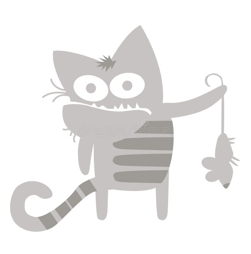 Black angry cat caught a mouse. Predator. Stock Illustration by