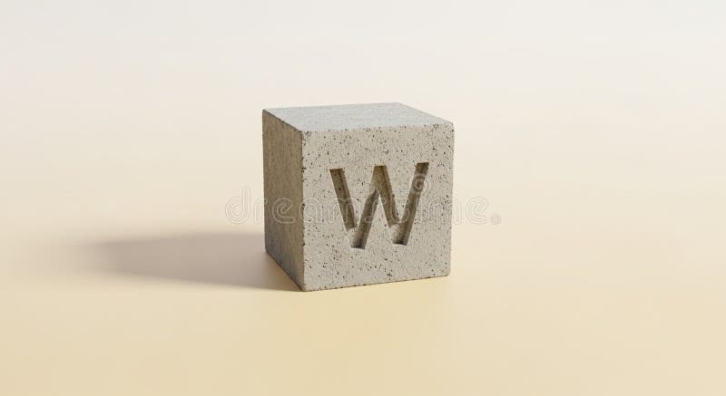 A gray concrete cube features the letter \'W\' carved into its front face. The cube is textured stock illustration