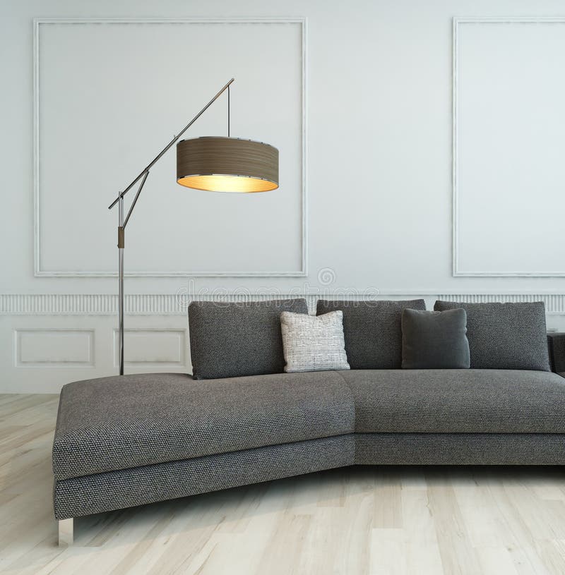 Gray Couch and Floor Lamp Against White Wall Stock Illustration