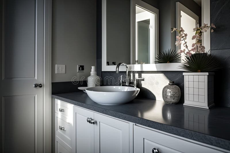 A Gray Counter Top Sits Atop a White Vanity in this Contemporary