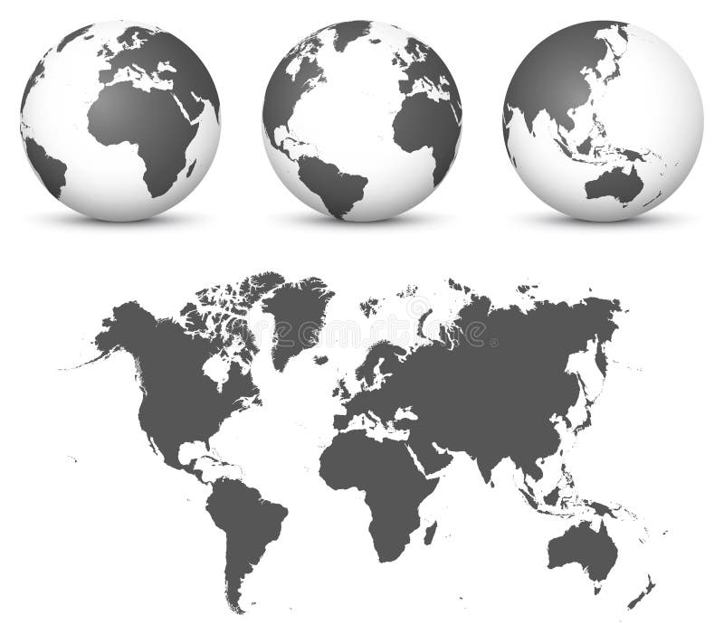 Gray 3D Globe - Earth Vector Set with Undistorted 2D World Map in Gray Color.