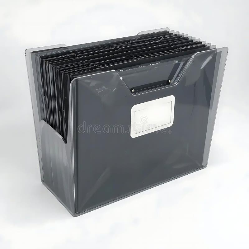 Gray Expanding File Folder Organizer with Multiple Pockets Holding Documents for Office and Home Organizing Solutions and stock photos