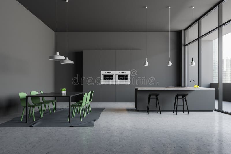 Gray Kitchen with Bar and Table Stock Illustration Illustration of
