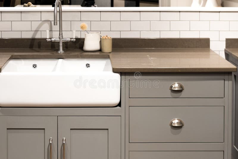 Gray Kitchen Sink stock image. Image of interior, crockery 76600283