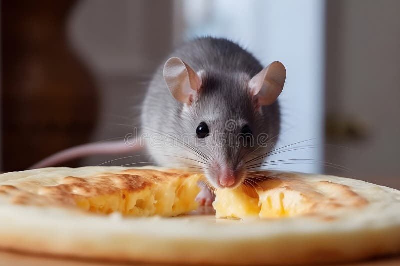 Gray Mice Approach a Piece of Cheese on the Kitchen Table, Generative