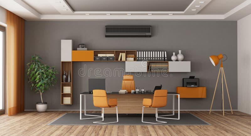 Gray and Orange Modern Office Stock Illustration - Illustration of desk