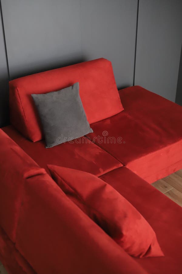 Gray Pillow on a Red Sofa in the Living Room Stock Photo Image of