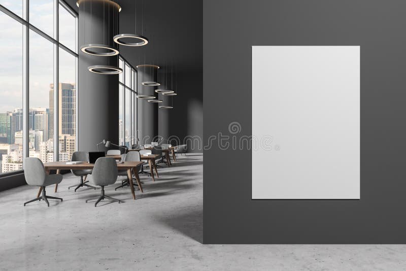 Gray Public Library Reading Room Interior with Poster Stock