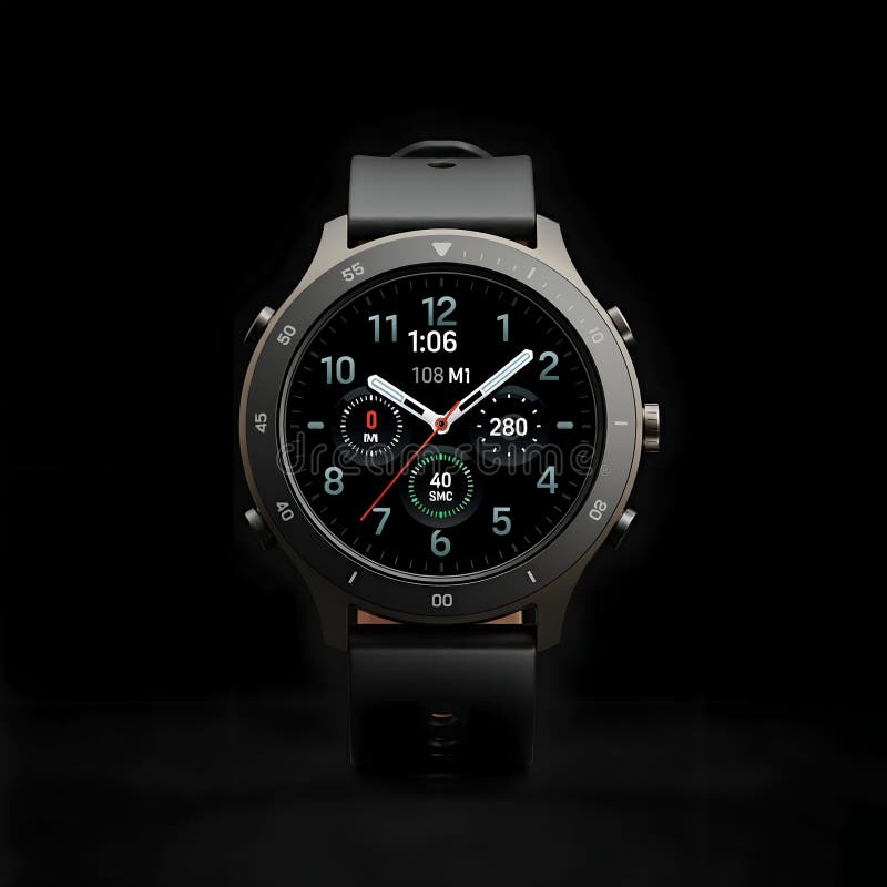 Image: Gray Smartwatch with Digital Display Showing Time 1:06 stock illustration.