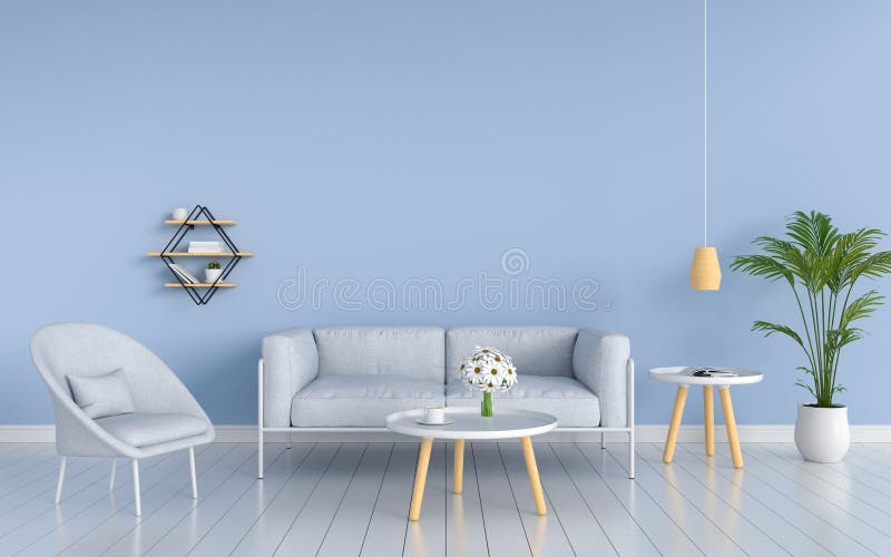 Gray sofa in blue living room, 3D rendering