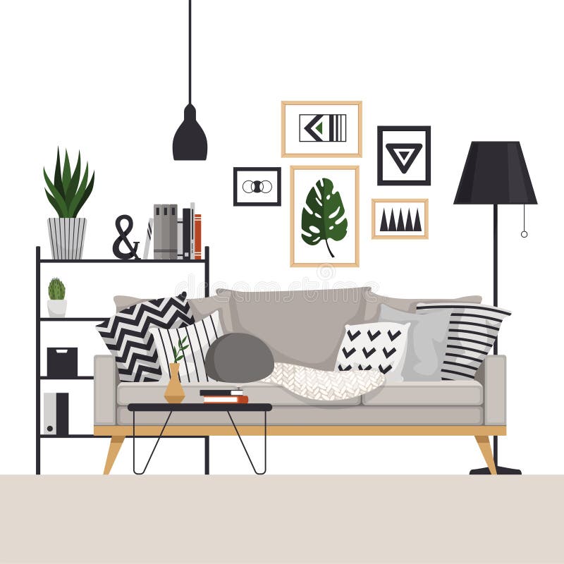 Gray sofa with a coffee table and rack with a floor lamp in Scandinavian style. With pictures, plants and pillows