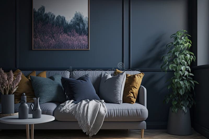 Gray Sofa with Dark Blue Wall in the Living Room Stock Illustration