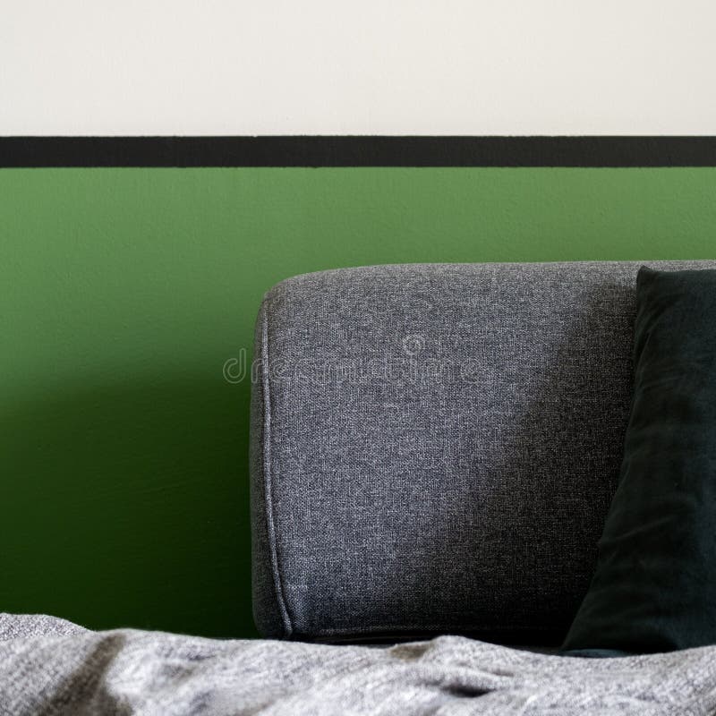 Gray Sofa, Green and White Wall, Closeup Stock Photo Image of