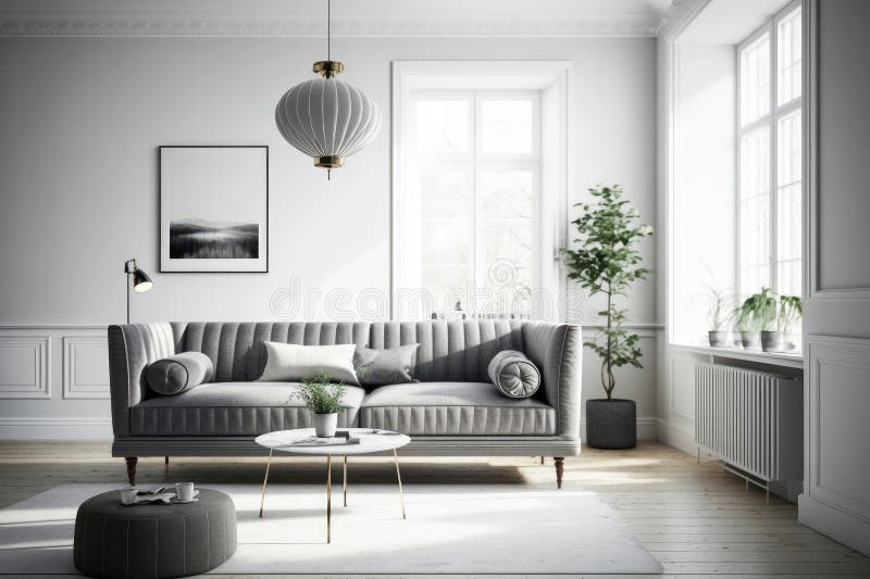 Gray Sofa in Modern Living Room Interior. Illustration AI Generative
