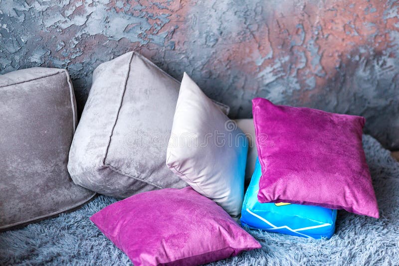 Gray Soft Sofa and Purple Pillows on it Stock Image Image of empty