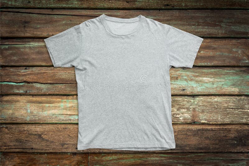 Download Gray T-shirt Mockup On Wood Background Template Stock ...