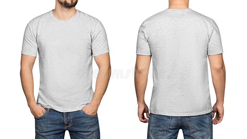 Gray T-shirt on a Young Man White Background, Front and Back Stock ...
