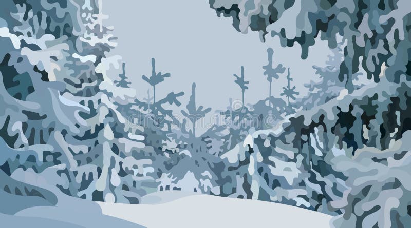 Winter cartoon forest background with snowy fir trees