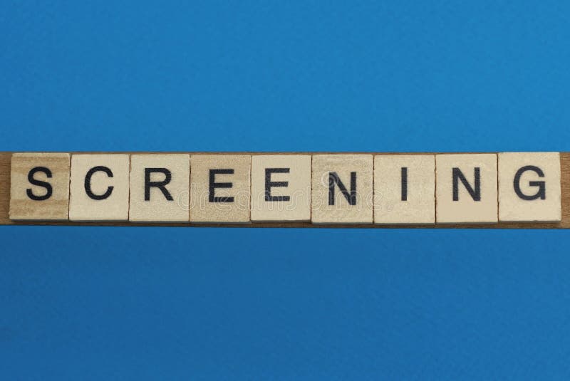 Gray word screening in small square wooden letters with black font on a blue background