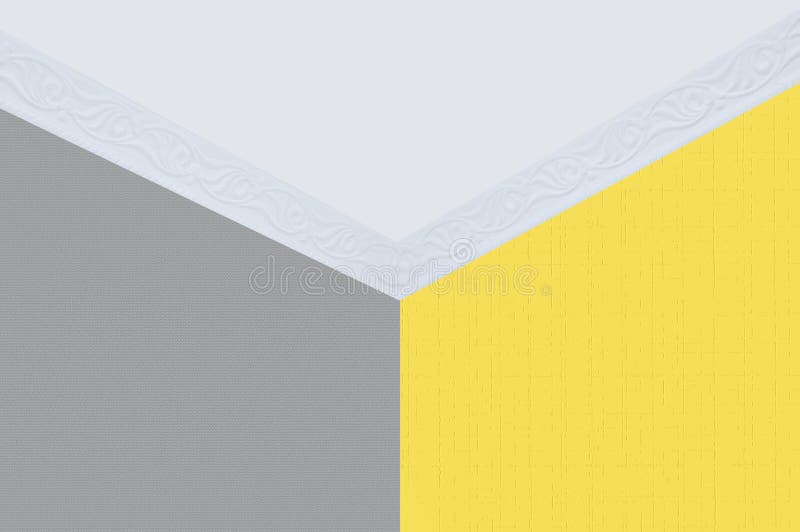 Gray and Yellow Wallpaper on the Walls of Room. Ceiling and Ceiling