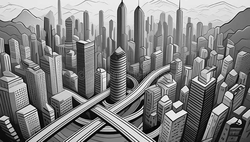 O vedere aeriană în tonuri de gri a unui peisaj dens umplut cu nori care evocă un abstract vector illustration