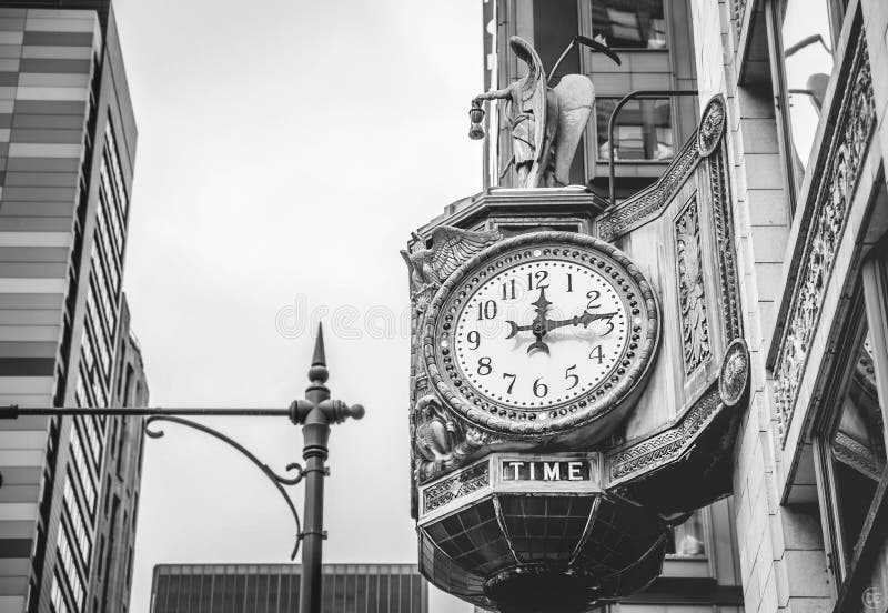 A grayscale of Father Time Clock in Chicago Quindio US. A grayscale of Father Time Clock in Chicago Quindio US